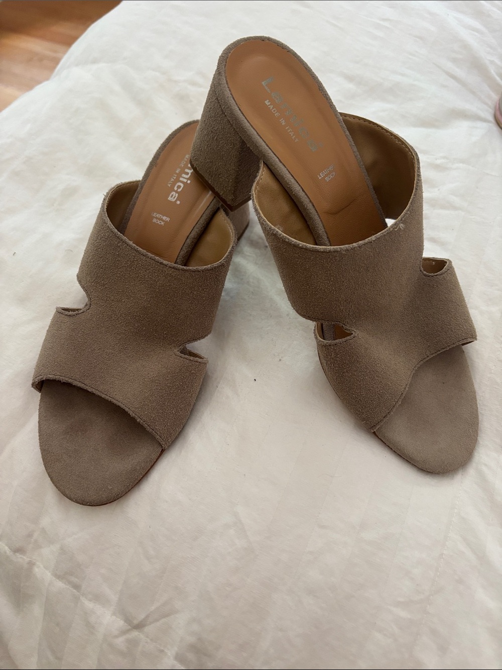 Women's Taupe Suede Open-Toe Block Heel Mules